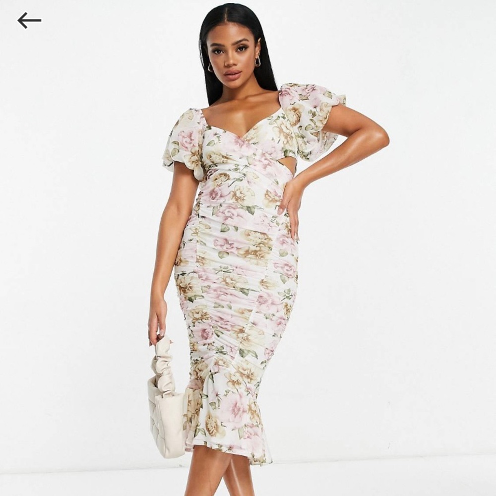 Puff Sleeve Mesh Ruched wrap around Pephem Midi Dress  in soft floral print